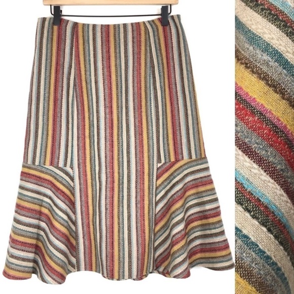 D TERRELL Wool Midi Skirt Stripe Boho Modest Flare Fishtail Hem Coastal Size 6 - Picture 1 of 9
